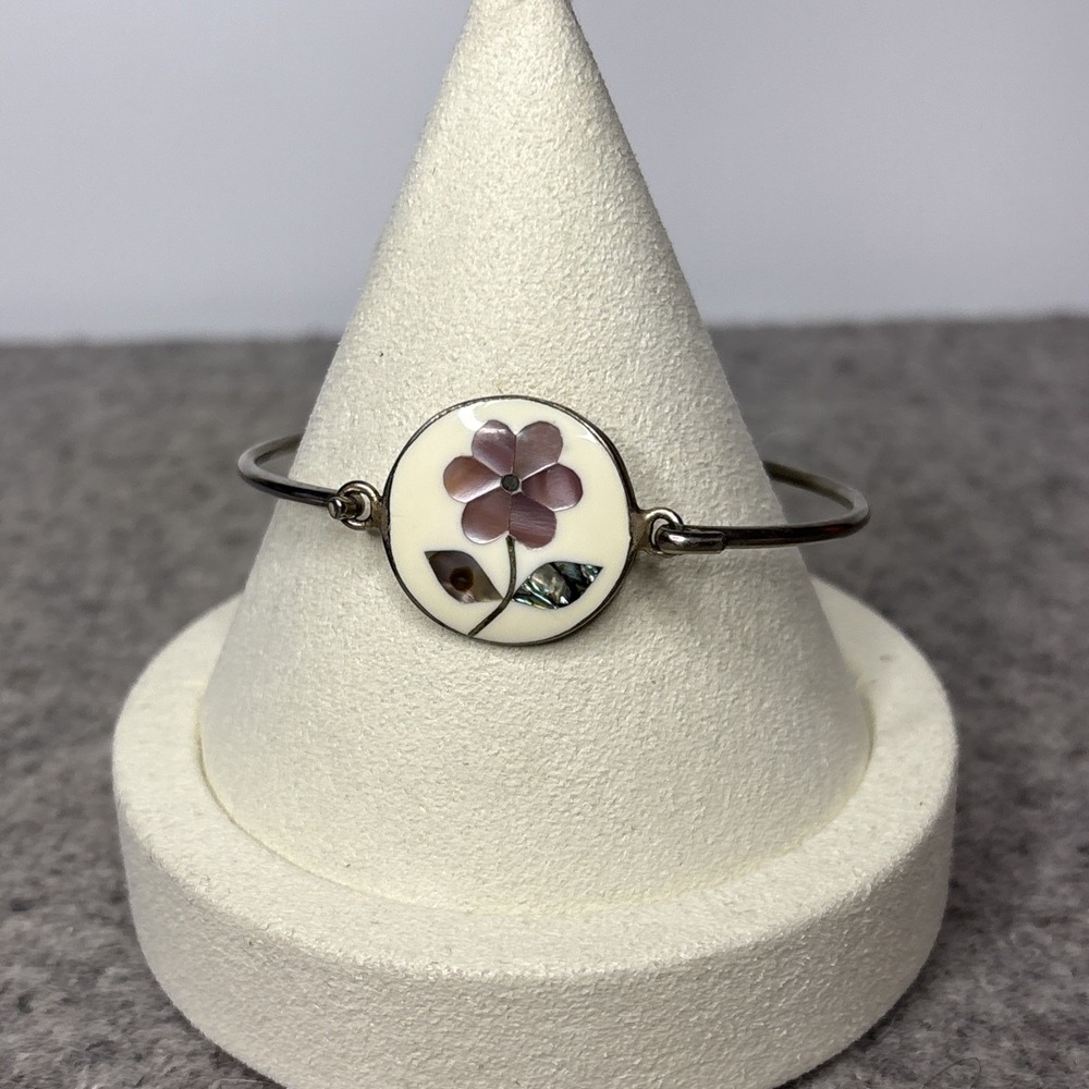 Vintage Alpaca Mexico Abalone MOP Shell Inlay Flower Cuff Bracelet 6.5"